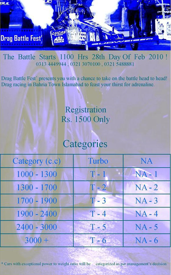 Bahria town drag battle fest 2010 Categories
