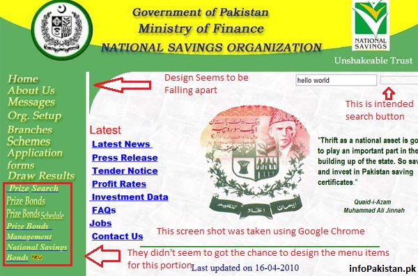 Labeled screen shot of Savings.gov.pk using Chrome Web Browser