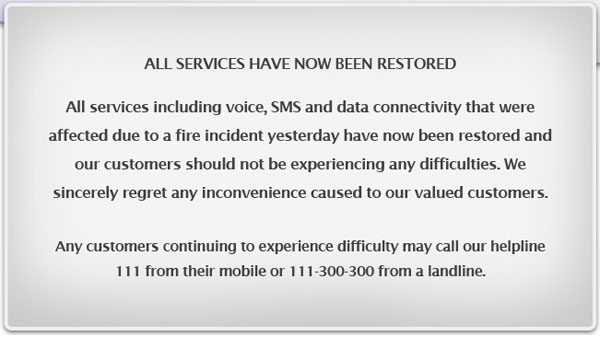 Notice from Mobilink's website about restoration of all affected services