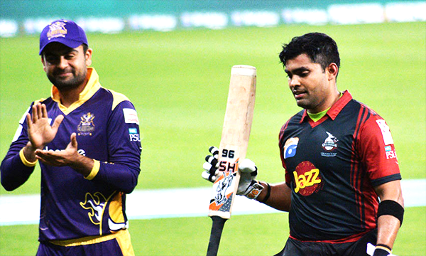 Umar Akmal of Lahore Qalandars waving cricket bat after nice innings against Quetta Gladiators