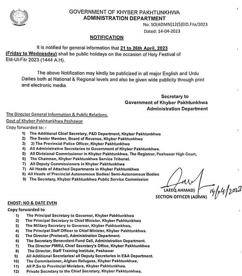 Govt of KPK Eid ul Fitr Holidays Notification for year 2023